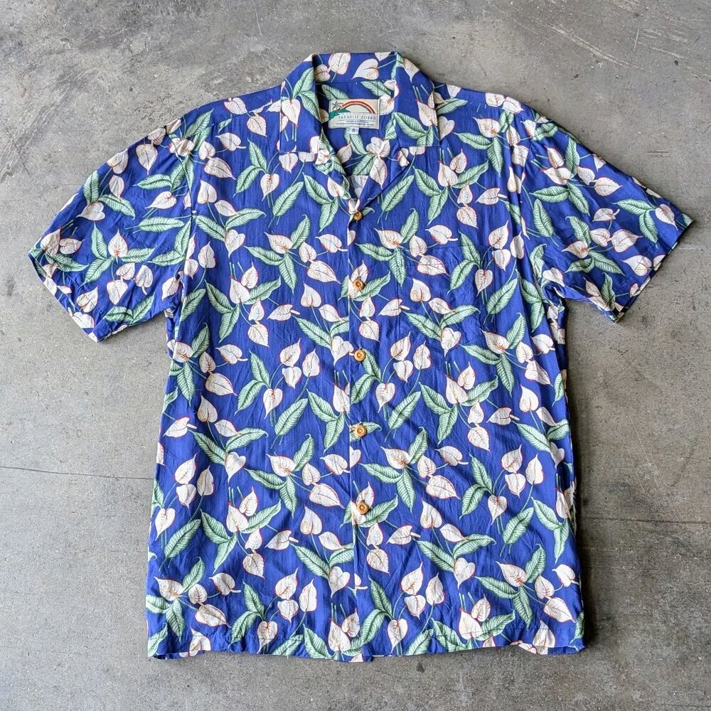 Vintage Paradise Found Hawaiian Blue White Green Floral Button Front Shirt small